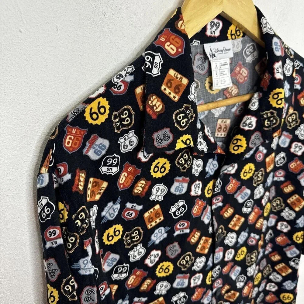 Disney Parks Route 66 All Over Print‎ 100% Rayon Mens M Hawaiian Camp Shirt